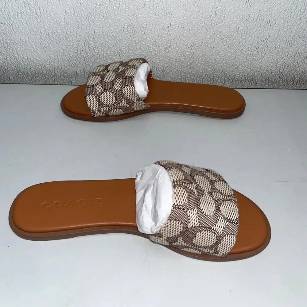 Coach Brown and Cream Signature Slide Sandals